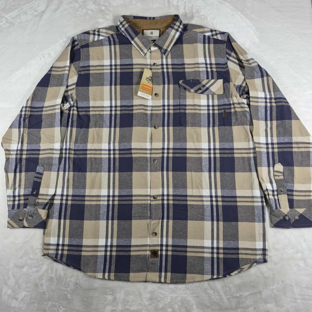 Legendary Whitetails Flannel Men's 2XT Tall Beige Blue Plaid Button Up Shirt NWT